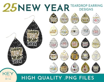 25 Happy New Year 2024 Teardrop Earrings Png, 2024 Png, New Years Png, Tear Drop, Sublimation Earrings Png, Earring Bundle Png, Sublimate