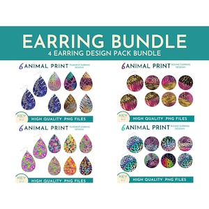 May include: A digital download bundle of 24 earring designs featuring animal prints in various colors. The designs are available in both teardrop and round shapes. The designs are high quality PNG files.