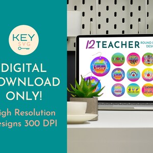 May include: A computer screen displaying 12 colorful round earring designs with teacher-themed text. The text on the screen reads "12 Teacher Round Earring Designs".