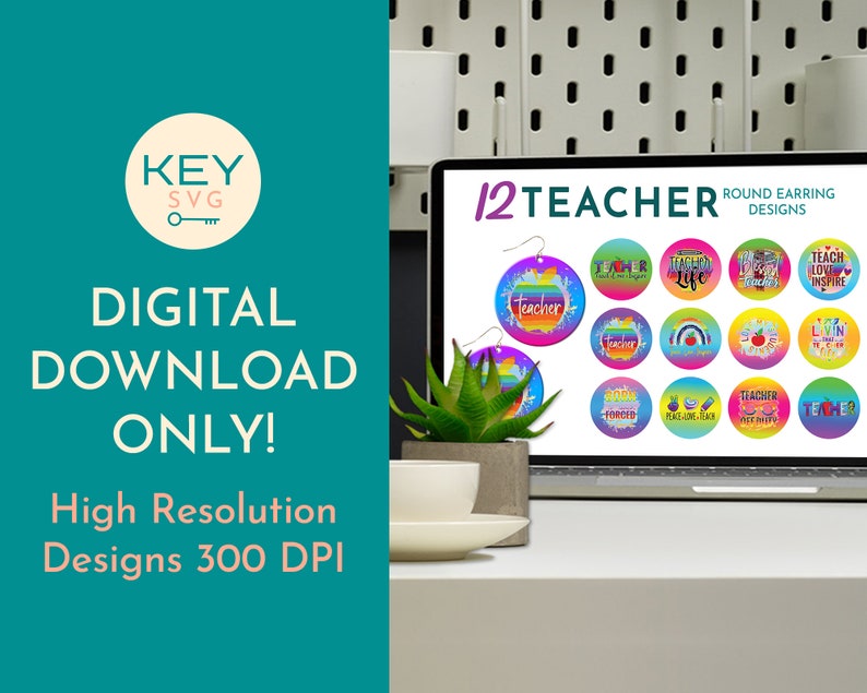 May include: A computer screen displaying 12 colorful round earring designs with teacher-themed text. The text on the screen reads "12 Teacher Round Earring Designs".