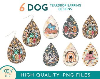 Könnte beinhalten: Sechs tropfenförmige Ohrring-Designs mit Hundemotiven. Die Designs beinhalten "Best Dog Mom Ever", "Dog Mama", "Dog Mama", "Dog Mama", "Best Dog Mom" und "Dog Mama".