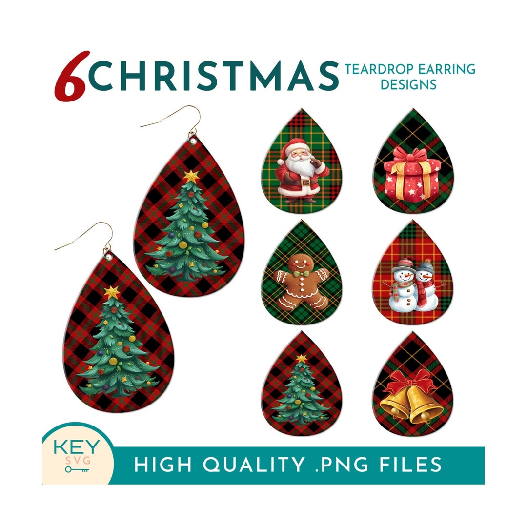 Merry Christmas Teardrop Earrings Png, Buffalo Plaid Png, Christmas