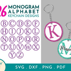 May include: A digital design sheet featuring a monogram alphabet with 26 letters in a circle. The letters are in a purple colour. The design sheet also includes two examples of keychains with the letters K and Mandy in a circle. The keychain with the letter K is pink and the keychain with the word Mandy is turquoise.