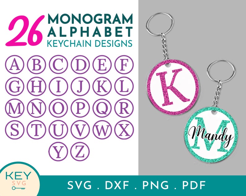 May include: A digital design sheet featuring a monogram alphabet with 26 letters in a circle. The letters are in a purple colour. The design sheet also includes two examples of keychains with the letters K and Mandy in a circle. The keychain with the letter K is pink and the keychain with the word Mandy is turquoise.