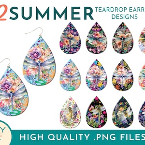 May include: Twelve teardrop earring designs featuring colorful floral patterns with dragonflies. The designs are in a variety of colors, including blue, green, pink, purple, and yellow. The earrings are labeled "Summer" and "Teardrop Earring Designs".