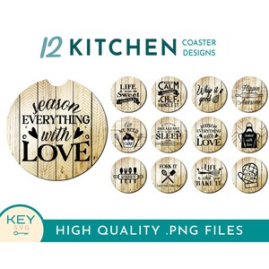 Puede incluir: Doce posavasos redondos de madera con varios diseños de temática culinaria. Los diseños incluyen lemas como "Season Everything with Love", "Life is Sweet", "Keep Calm and be the Chef", "All We Need is Cake", "Breakfast in Bed, Sleep in the Kitchen", "Fork it, Let's Get This Baked", "Life is What You Bake It", "Whip it Good", "Flippin Awesome", "Baked with Love", y "Chef's Touch".