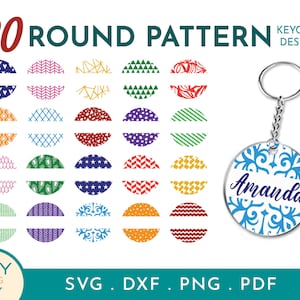 May include: Twenty round patterns for keychain designs. The patterns include geometric shapes, hearts, stripes, and floral designs. The patterns are in various colours, including red, blue, green, yellow, and purple. The patterns are shown on a white background. The text "KEYCHAIN DESIGNS" is in the top right corner of the image. The text "SVG. DXF. PNG. PDF" is in the bottom right corner of the image.