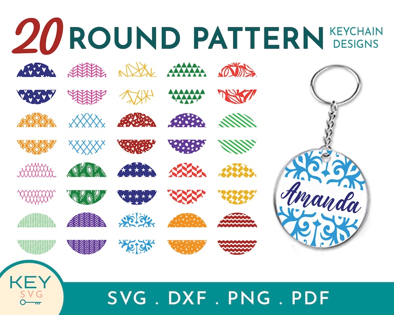 May include: Twenty round patterns for keychain designs. The patterns include geometric shapes, hearts, stripes, and floral designs. The patterns are in various colours, including red, blue, green, yellow, and purple. The patterns are shown on a white background. The text "KEYCHAIN DESIGNS" is in the top right corner of the image. The text "SVG. DXF. PNG. PDF" is in the bottom right corner of the image.