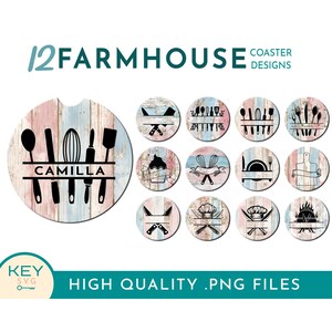 Puede incluir: Doce diseños de posavasos de estilo farmhouse con varias ilustraciones de temática culinaria, incluyendo un batidor, un rodillo, un gorro de chef y una tabla de cortar. Los posavasos están personalizados con el nombre "Camilla" y tienen un fondo de madera de veta rústica.