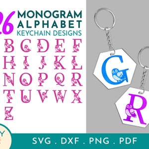 May include: A digital download of 26 monogram alphabet keychain designs featuring pink owls. The design includes the letters A through Z. The text "MONOGRAM ALPHABET KEYCHAIN DESIGNS" is at the top of the image. The text "SVG. DXF. PNG. PDF" is at the bottom of the image.