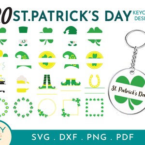 May include: Twenty St. Patrick's Day keychain designs featuring shamrocks, leprechauns, pots of gold, and other Irish symbols. The designs are in green, yellow, and white.