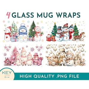 May include: Four watercolor illustrations of snowman designs for glass mug wraps. Each design features snowmen with different accessories and backgrounds, including Christmas trees, presents, and ornaments.