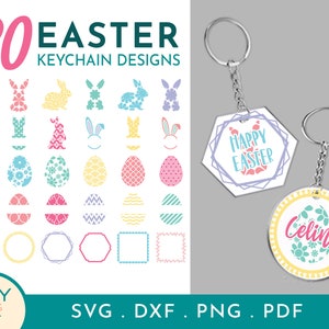 Peut inclure: Image présentant 30 modèles de porte-clés de Pâques avec des motifs de lapins et d'œufs de différentes couleurs. Deux porte-clés sont affichés, l'un avec "Happy Easter" et l'autre avec le nom "Celine". Formats de fichiers SVG, DXF, PNG et PDF inclus.