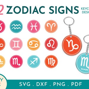 Encadré astrologie porte-clé Svg, zodiaque porte-clé Svg, dessins avec et sans nom de signe du zodiaque, rond porte-clé Svg, Horoscope porte-clé Svg