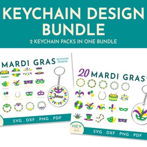 May include: A set of 20 Mardi Gras keychain designs, featuring a variety of festive symbols like masks, beads, and crowns. The designs are available in SVG, DXF, PNG, and PDF formats.