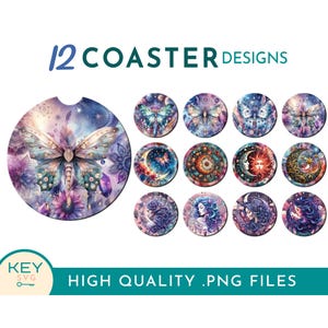 May include: Twelve coaster designs featuring a variety of images, including butterflies, moons, stars, and celestial bodies. The coasters are round and have a purple, blue, and pink color scheme.