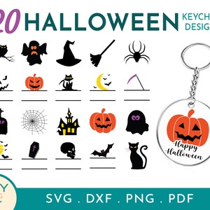 May include: Twenty Halloween-themed keychain designs featuring various icons such as ghosts, pumpkins, bats, spiders, and a witch's hat. The text "Happy Halloween" is on a round keychain with a pumpkin design.