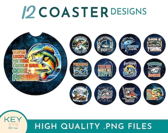 Fishing Car Coasters Png, Father's Day Car Coaster Sublimation Designs Png, Fishing Png, Coffee Coaster Png,  Sublimation Coaster Designs