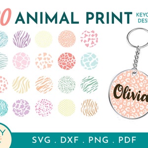 May include: Twenty animal print designs for keychains. The designs include zebra, leopard, giraffe, cheetah, and more. The designs are in various colours, including pink, blue, green, and yellow. The designs are in a circle shape. The text "KEYCHAIN DESIGNS" is in the top right corner of the image. The text "KEY SVG" is in the bottom left corner of the image. The text "SVG. DXF. PNG. PDF" is in the bottom right corner of the image.