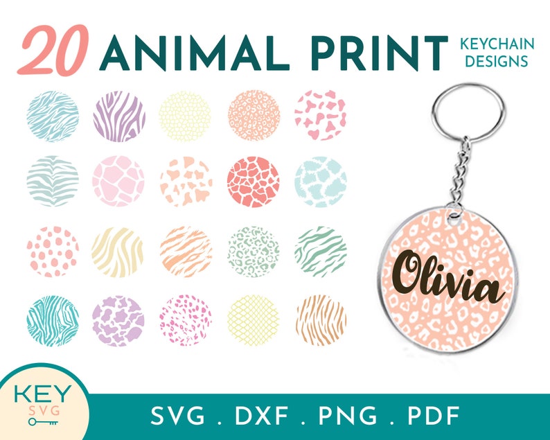 May include: Twenty animal print designs for keychains. The designs include zebra, leopard, giraffe, cheetah, and more. The designs are in various colours, including pink, blue, green, and yellow. The designs are in a circle shape. The text "KEYCHAIN DESIGNS" is in the top right corner of the image. The text "KEY SVG" is in the bottom left corner of the image. The text "SVG. DXF. PNG. PDF" is in the bottom right corner of the image.