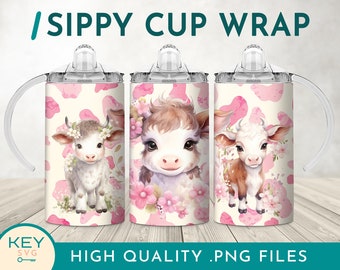 Pink Highland Cow Tumbler Sippy Cup Png, Niños 12oz Tumbler Wrap, Cow Tumbler Png, Sippy Cup Diseños de sublimación, Baby Cow Png, New Baby Png