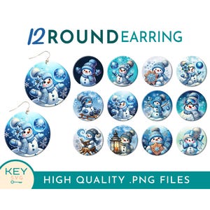 May include: Twelve round winter-themed earrings featuring various snowman designs. Each earring is a circle with a blue background and a white snowman with different accessories. The earrings are labeled "12 Round Earring" and "High Quality .PNG Files".