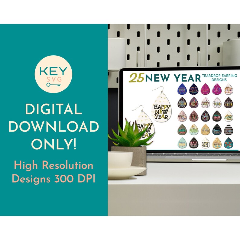 Pode incluir: Um download digital de 25 designs de brincos de gota com temas de Ano Novo. Os designs s&atilde;o mostrados numa tela de computador com o texto "25 New Year Teardrop Earring Designs".