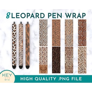 Puede incluir: Ocho envoltorios de bolígrafo imprimibles con estampado de leopardo. Los diseños presentan diferentes variaciones de manchas de leopardo marrones, negras y blancas sobre un fondo marrón claro. El texto "HIGH QUALITY .PNG FILE" está en la parte inferior de la imagen.