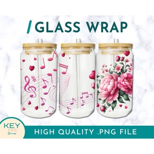 Floral Musical Tumbler Wrap Png Sublimation Glass Can Wraps 16oz / 20oz Png Presized, Musical Notes Png, Cold Cup Wrap, Flower Music Notes
