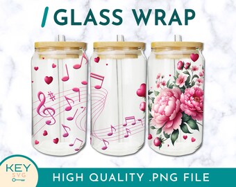Floral Musical Tumbler Wrap Png Sublimation Glass Can Wraps 16oz / 20oz Png Presized, Musical Notes Png, Cold Cup Wrap, Flower Music Notes