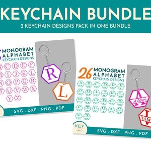 May include: A digital download bundle of 26 monogram alphabet keychain designs. The designs are in a hexagonal shape with a single letter inside. The first design is in pink and purple with a letter R. The second design is in green and white with a letter A and the name Addison. Both designs include a key chain loop.