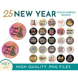 25 Gelukkig Nieuwjaar Ronde Oorbellen Png, Gelukkig Nieuwjaar Png, Sublimatie Oorbellen Png, Earring Bundel Png, Sublimeren Png