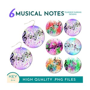 Op de afbeelding: Zes kleurrijke oorknop-ontwerpen in druppelvorm met muzieknoten op een witte achtergrond met aquarelspatten. De tekst "6 MUSICAL NOTES TEARDROP EARRING DESIGNS" staat bovenaan de afbeelding. De tekst "HIGH QUALITY .PNG FILES" staat onderaan de afbeelding.