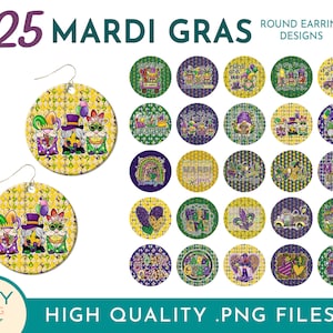 May include: 25 Mardi Gras themed round earring designs featuring gnomes, hearts, fleur-de-lis, and other festive imagery in shades of purple, green, and gold.