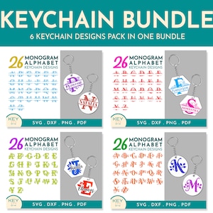 Puede incluir: Un paquete de llaveros con seis diseños de alfabeto con monogramas. Cada diseño incluye 26 letras, con ejemplos que muestran nombres como Princess, Natalia y Samantha. Los llaveros son de varias formas y colores.