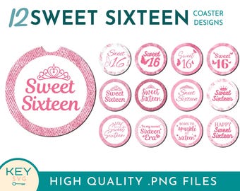 Sweet 16 auto-onderzetter png, Sweet Sixteen Coaster-sublimatieontwerpen png, ronde oorbel png, sjabloon sublimatie-achtbaan, koffie-onderzetter png