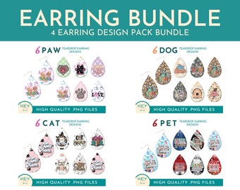 Könnte beinhalten: Ein digitales Download-Paket mit 24 Tropfenohrring-Designs mit Pfotenabdrücken, Katzen, Hunden und Haustier-Sprüchen. Die Designs sind hochwertige PNG-Dateien.