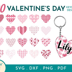 May include: Twenty Valentine's Day keychain designs featuring various pink and red heart patterns. The designs include hearts with polka dots, stripes, and geometric patterns. One design features a heart with the name "Lily" written in black.