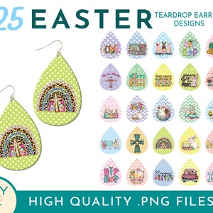 May include: A set of 25 digital teardrop earring designs featuring Easter themes. The designs include a variety of colors, patterns, and images, such as bunnies, eggs, crosses, and flowers. The designs are perfect for creating unique and personalized earrings.
