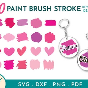 Puede incluir: Veinte diseños de trazos de pincel rosa para llaveros. Los diseños incluyen círculos, cuadrados, corazones y formas abstractas. El texto "Patricia" y "Olivia" están en dos llaveros.