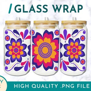 Mexican Fiesta Flowers Design, Cinco de Mayo Libbey Glass Can Wraps 16oz / 20oz Png Presized, Latino Sublimation Designs, Party Decorations