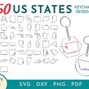 May include: Image features a design for keychains with the outlines of the 50 US states. Two keychains are shown, one with Washington state in red and the other with Montana in blue. The text "50 US STATES KEYCHAIN DESIGNS" is at the top.