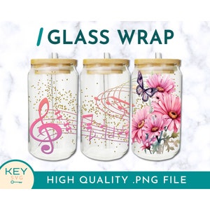 Floral Musical Tumbler Wrap Png Sublimation Glass Can Wraps 16oz / 20oz Png Presized, Musical Notes Png, Cold Cup Wrap, Flower Music Notes