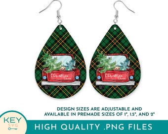 Christmas Tree Teardrop Sublimation Earrings Png With A  Red Truck On Green Plaid Background, Merry Christmas Buffalo Plaid Earrings Png