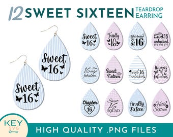 Sweet 16 Teardrop Earring Png, Sweet Sixteen Png Sublimation Earring Designs,  Party Favors Png, Birthday Girl Png, Sublimation Earrings