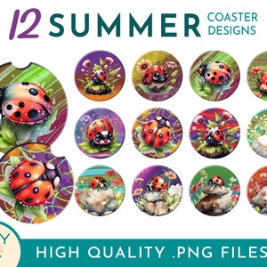 May include: Twelve summer-themed coaster designs featuring colorful ladybugs with red, black, and white spots on a variety of backgrounds with flowers, leaves, and other natural elements.  The designs are perfect for adding a touch of whimsy to your home decor.