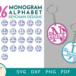 Może przedstawiać: Zestaw 26 wzorów breloków z monogramem alfabetu z niebieskim ptakiem i kwiatowymi akcentami. Wzory są pokazane na białym tle z tekstem "26 Monogram Alphabet Keychain Designs".