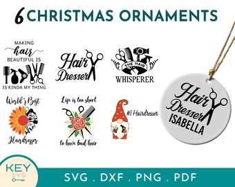 May include: Six Christmas ornament designs featuring hairdressing themed illustrations and text. The designs include a sunflower, scissors, a gnome, and text such as "Hair Dresser" and "World's Best Hairdresser".