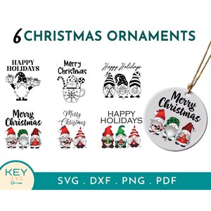 May include: Six Christmas ornament designs featuring gnomes in various poses. The ornaments include the text "Happy Holidays", "Merry Christmas", and a gnome holding a mug with the text "Merry Christmas".