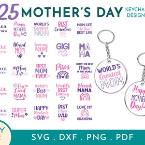 Könnte beinhalten: Ein Set mit 25 Designs für Muttertags-Schlüsselanhänger mit verschiedenen Sprüchen und Illustrationen. Die Designs beinhalten "World's Greatest Mom", "Happy Mother's Day", "Best Mom Ever", "Blessed Mama" und mehr. Die Schlüsselanhänger sind in den Formaten SVG, DXF, PNG und PDF verfügbar.